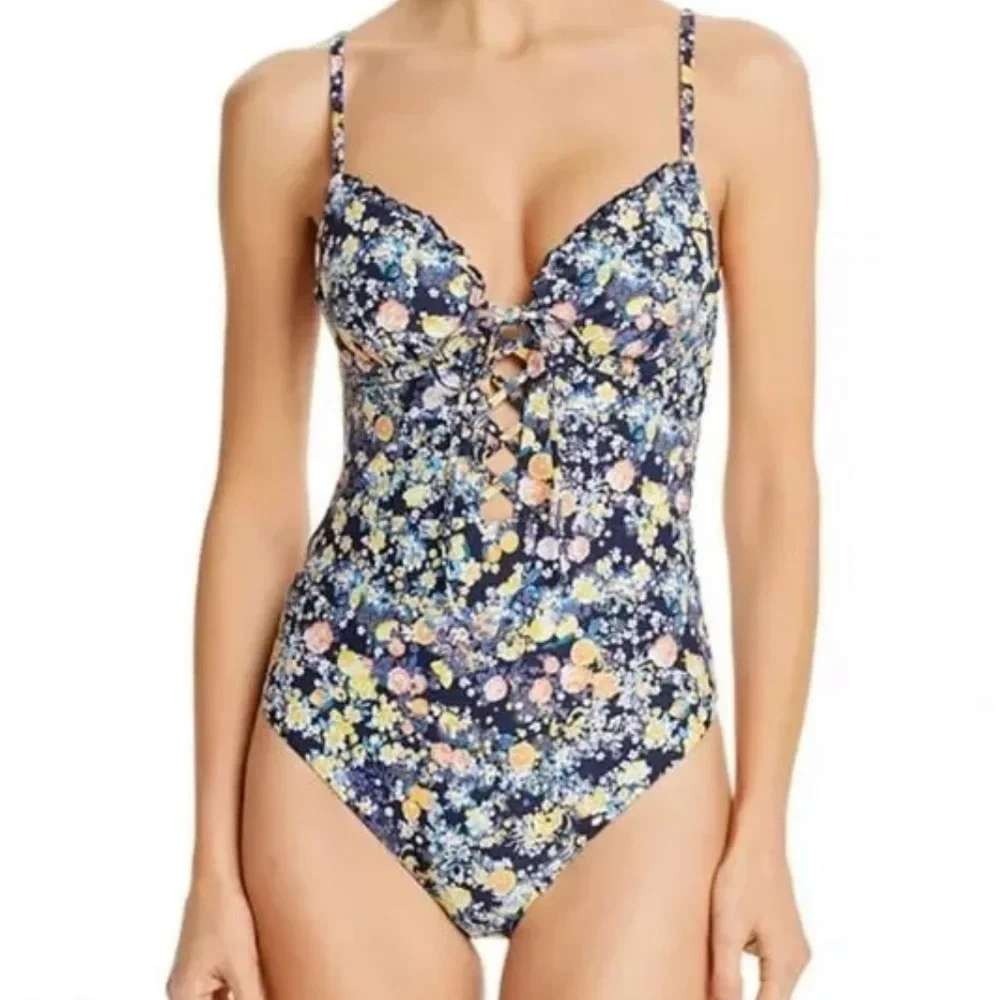 Red Carter Lace Up Maillot One Piece Floral Swimsuit Navy Blue Small